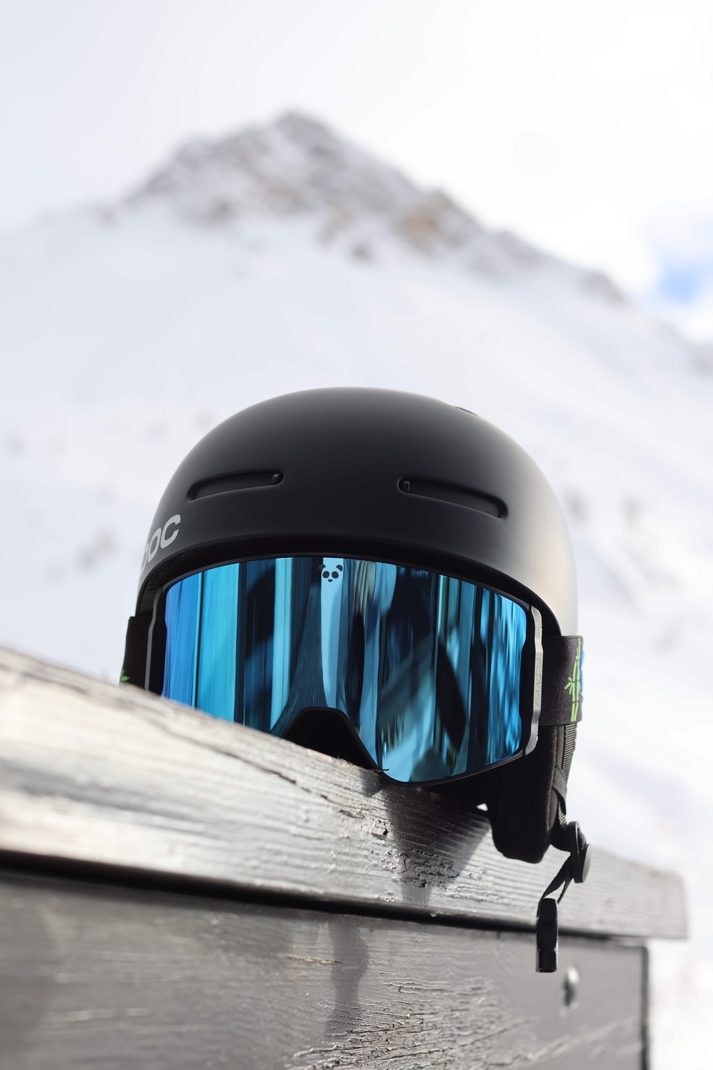 POC helmet with Panda Optics goggles on mountain